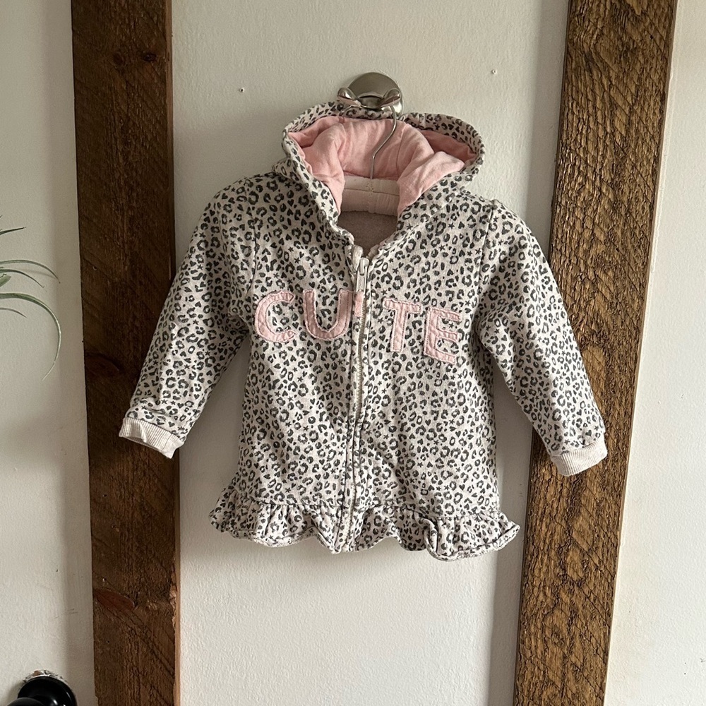 Baby Girl Cheetah “Cute” Print Hoodie Zip Jacket Sweater Cozy 9-12 Months